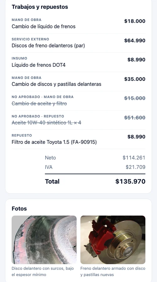 Portal del cliente en el celular: el presupuesto aprobado sin el cambio de aceite que el cliente dejó para después
