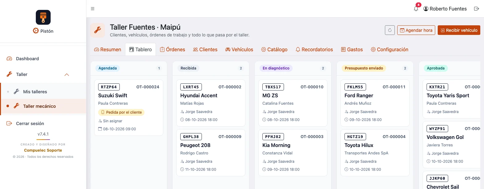 Tablero de órdenes por estado: recibida, en diagnóstico, presupuesto enviado, aprobada y en reparación